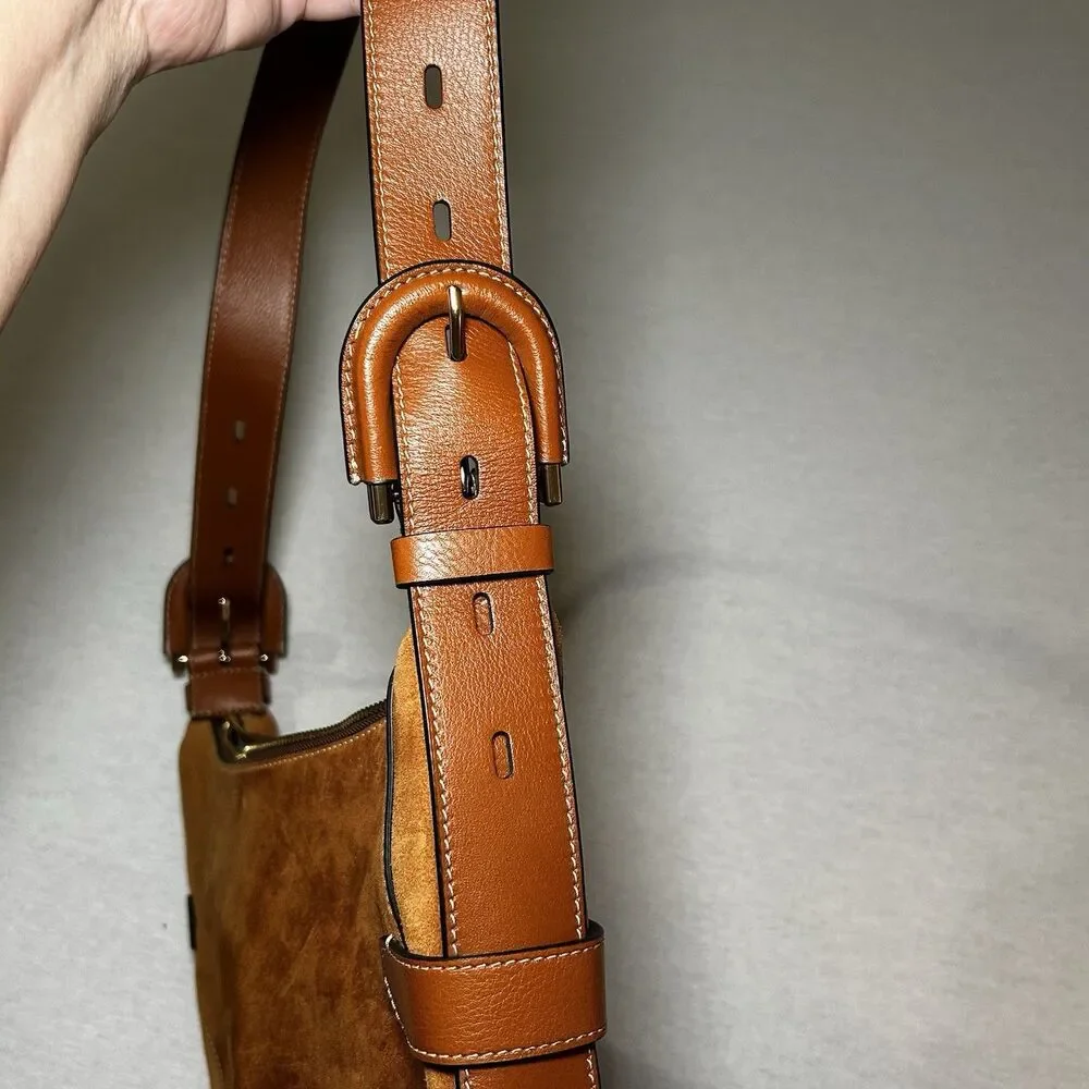 Fossil Harwell hobo bag in brown suede, buckle detail